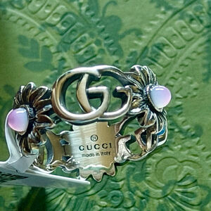 Gucci Silver Ring with Pink Stones G Logo Size 6